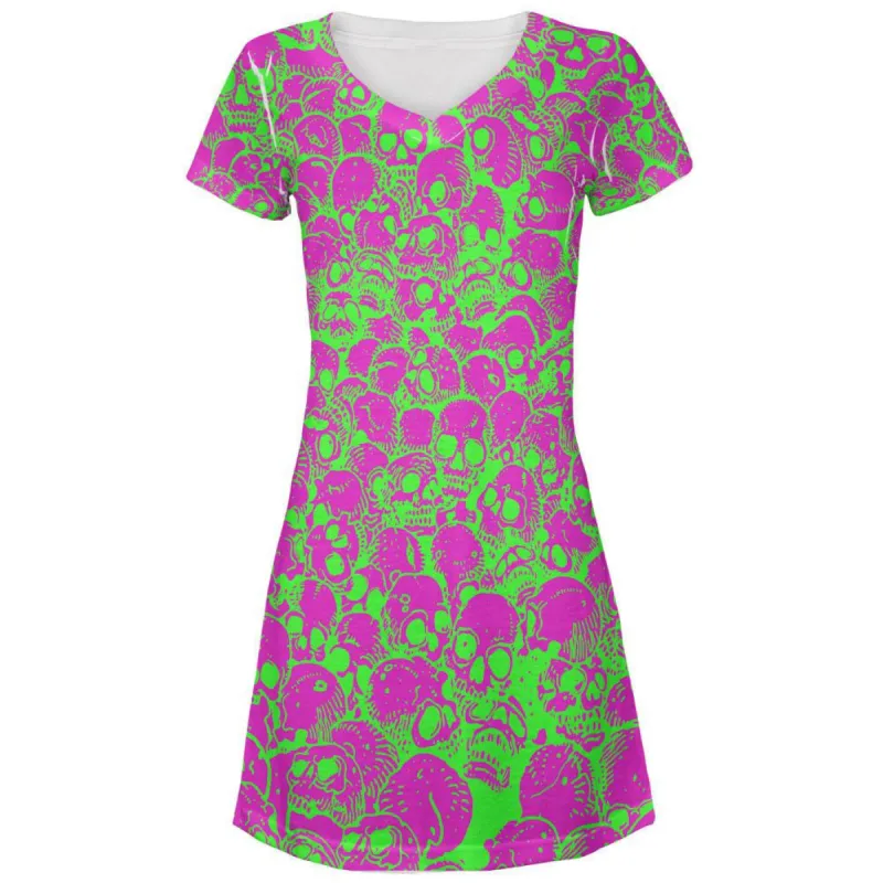 Green & Pink Skulls All Over Juniors V-Neck Dress sold by Old Glory