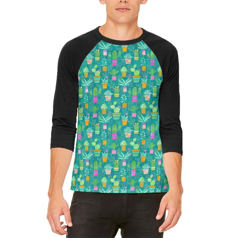 Watercolor Retro Cactus Bold Pastel Pattern Repeat Mens Raglan T Shirt sold by Old Glory