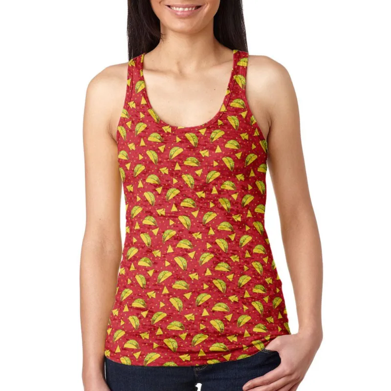 Cinco de Mayo Taco Tortilla Repeat Pattern Juniors Burnout Racerback Tank Top sold by Old Glory