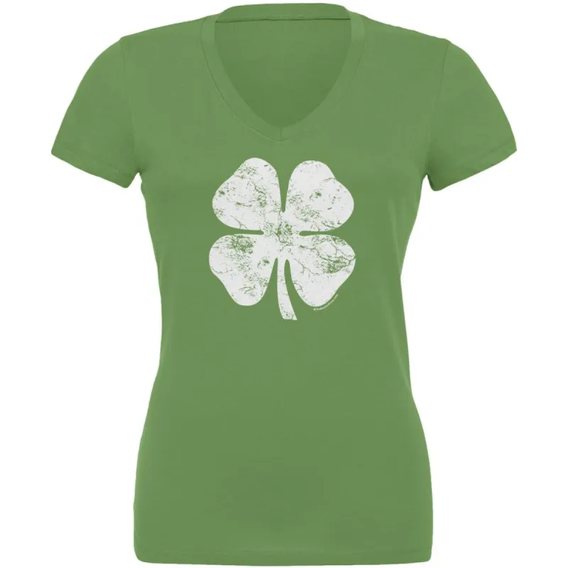 St. Patricks Day Distressed Shamrock Juniors V-Neck T Shirt made by Old Glory