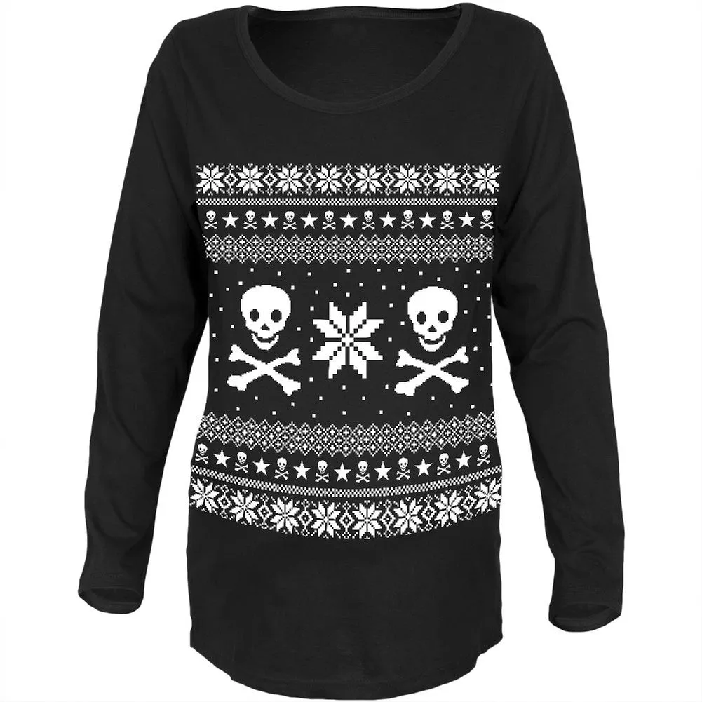 Skull & Crossbones Ugly Christmas Sweater Black Maternity Soft Long Sleeve T-Shirt sold by Old Glory
