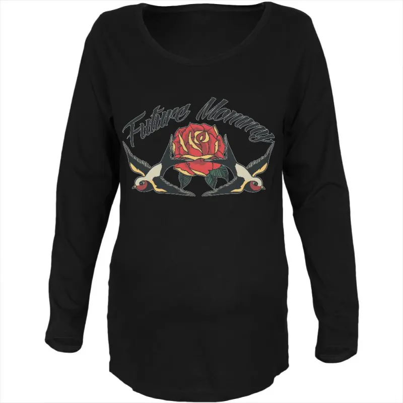 Future Mommy Swallow Vintage Tattoo Black Maternity Soft Long Sleeve T-Shirt sold by Old Glory