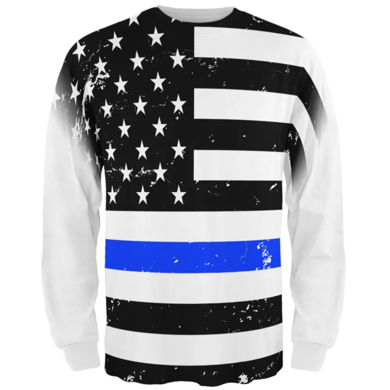 Distressed Thin Blue Line American Flag All Over Mens Long Sleeve T Shirt sold by Old Glory