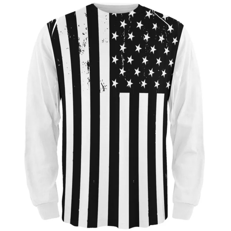 Black And White American Flag Distressed All Over Adult Long Sleeve T-Shirt sold by Old Glory