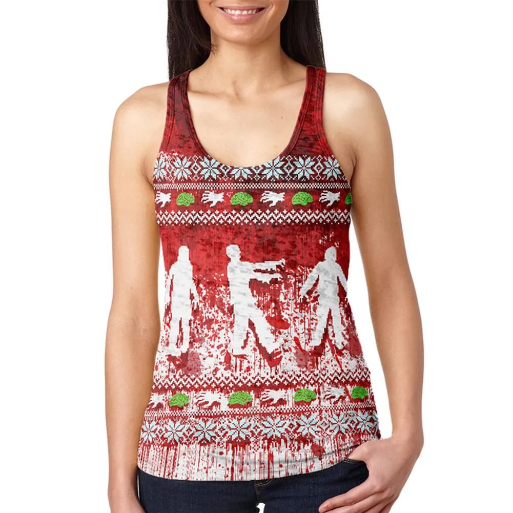 Ugly Christmas Sweater Bloody Zombie Attack Survivor Juniors Burnout Racerback Tank Top sold by Old Glory