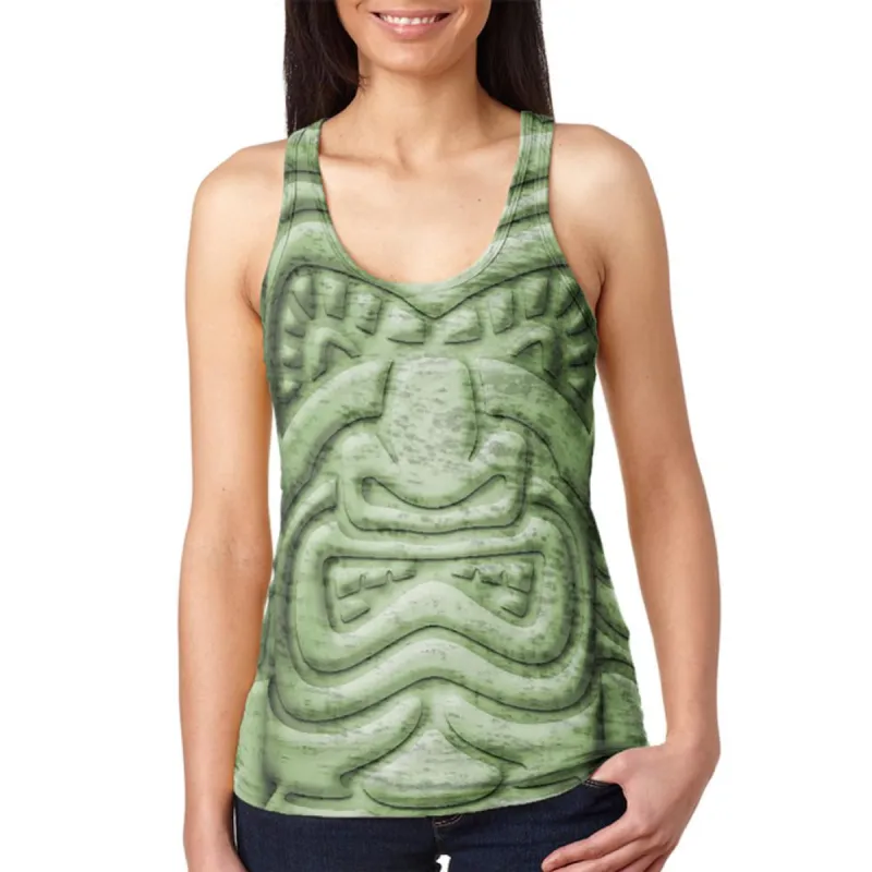 Tiki God Green Face Luau Juniors Burnout Racerback Tank Top sold by Old Glory
