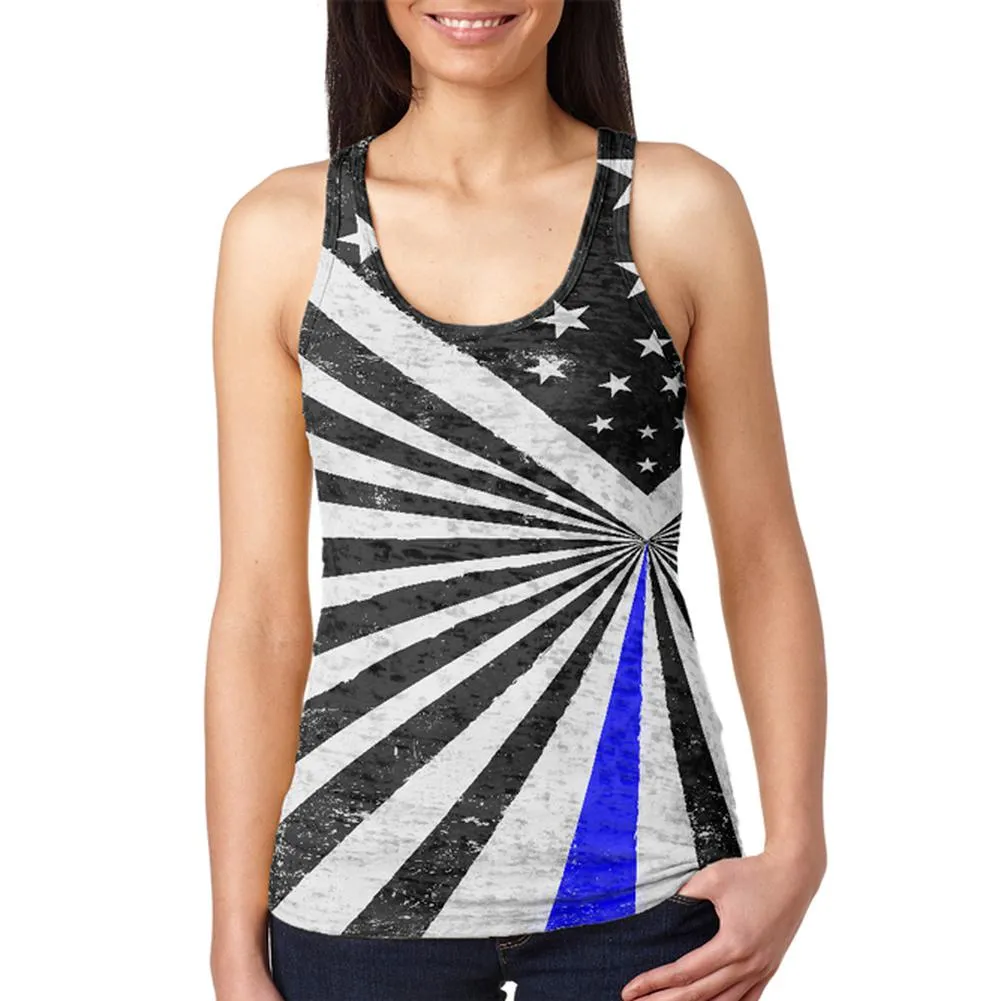 Thin Blue Line Flag Retro Sunburst Juniors Burnout Racerback Tank Top sold by Old Glory