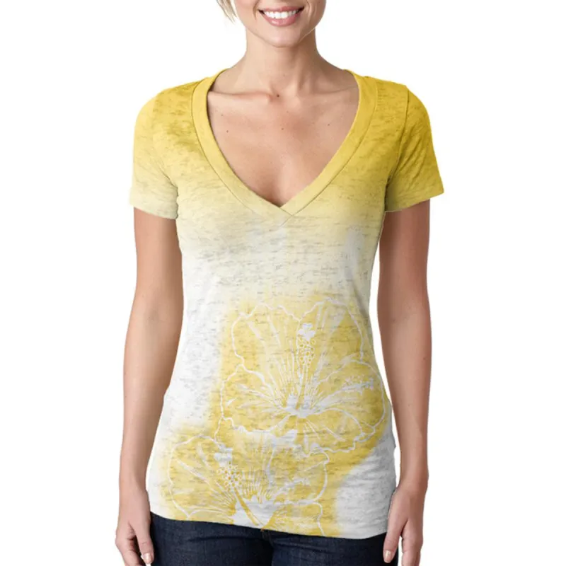 Ombre Oahu Yellow Hibiscus Flowers Juniors Burnout V-Neck T-Shirt sold by Old Glory
