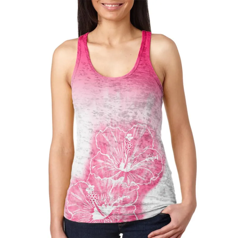 Ombre Hawaii Red Hibiscus Flowers Juniors Burnout Racerback Tank Top sold by Old Glory