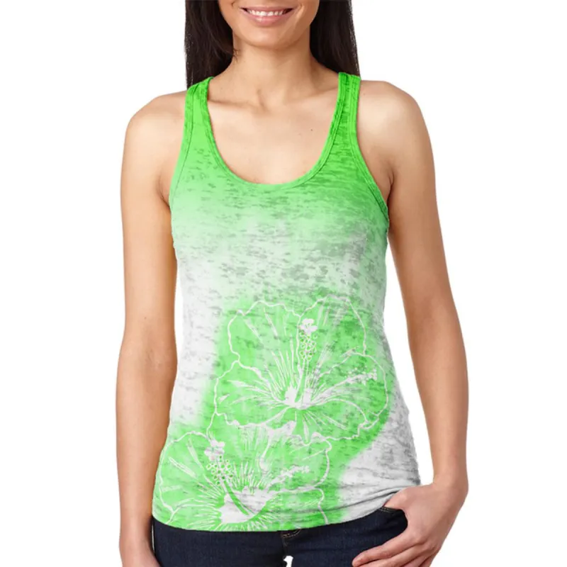 Ombre Molokai Green Hibiscus Flowers Juniors Burnout Racerback Tank Top sold by Old Glory