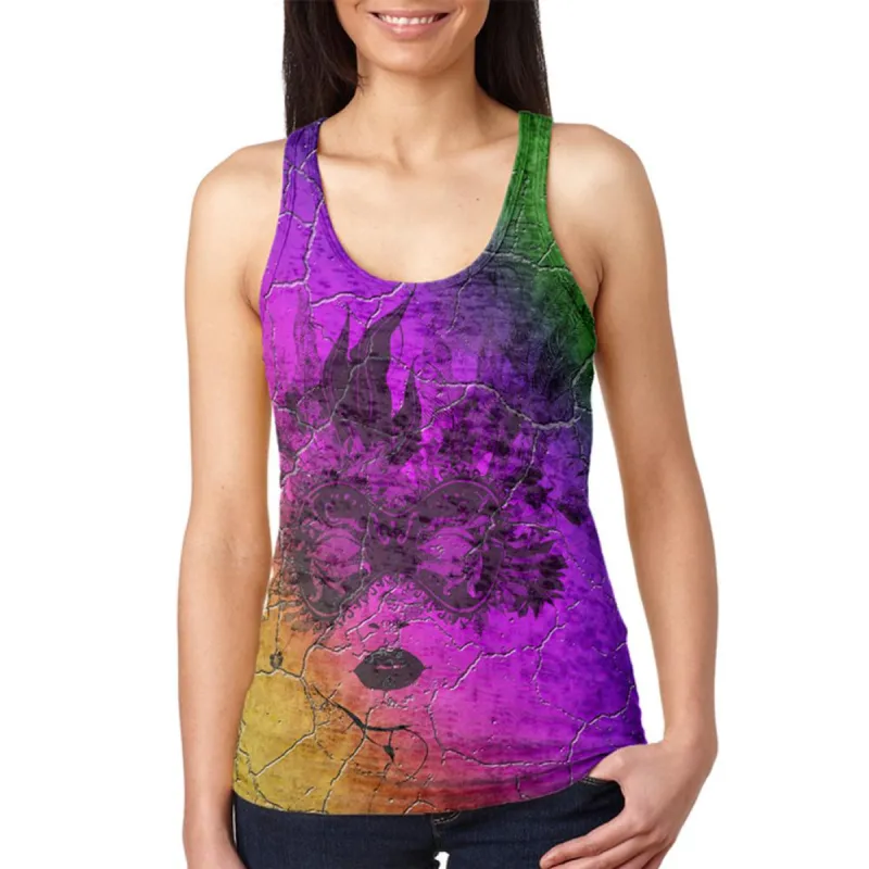Mardi Gras Party Mask Distressed Grunge Flag Juniors Burnout Racerback Tank Top sold by Old Glory