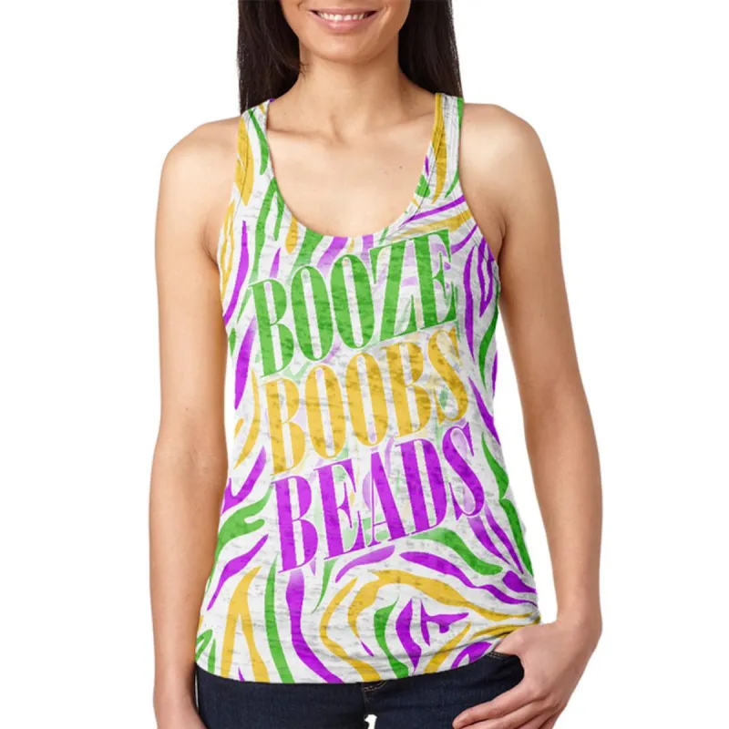 Mardi Gras Booze Boobs Beads Zebra Costume Juniors Burnout Racerback Tank Top sold by Old Glory