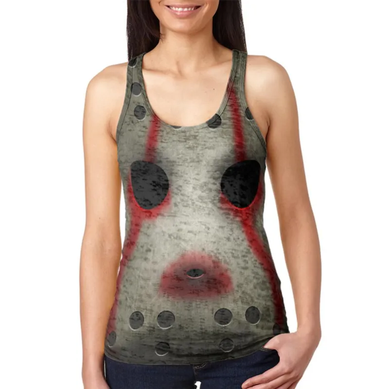 Halloween Horror Movie Hockey Mask Costume Juniors Burnout Racerback Tank Top sold by Old Glory