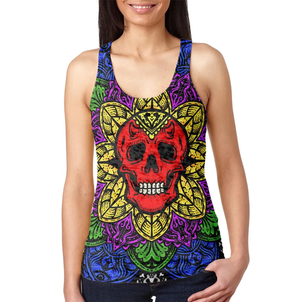 Halloween Demon Skull Mandala Juniors Burnout Racerback Tank Top sold by Old Glory