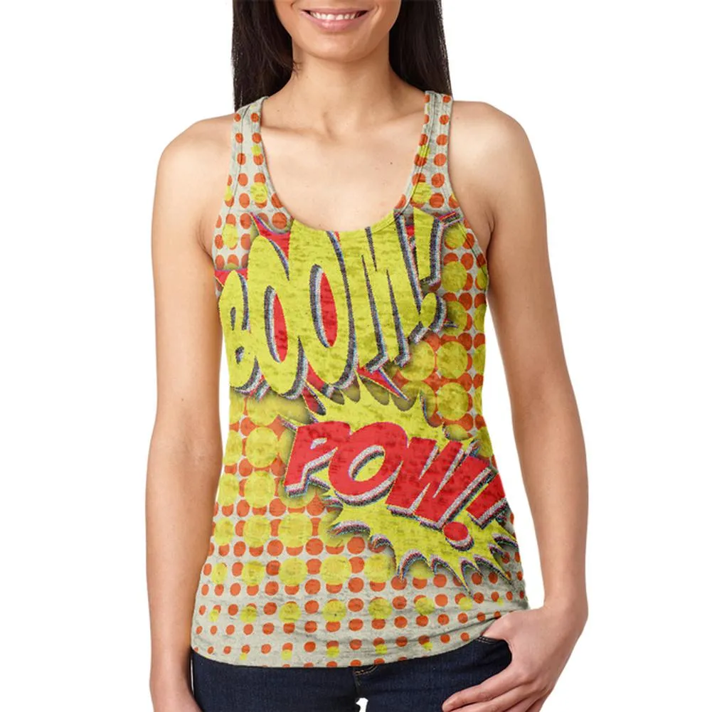 Halloween Boom Pow Vintage Comic Book Costume Juniors Burnout Racerback Tank Top sold by Old Glory