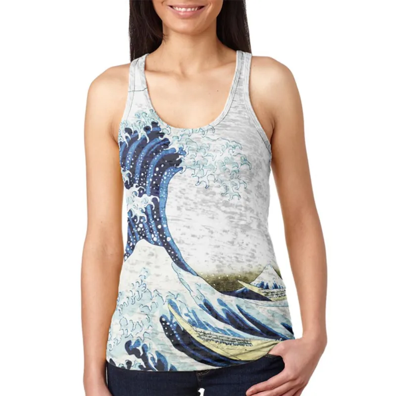 Great Wave Tsunami Japanese Painting Vintage Juniors Burnout Racerback Tank Top sold by Old Glory