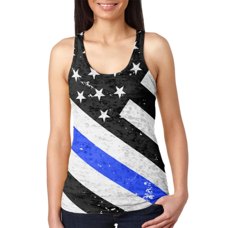 Distressed Thin Blue Line American Flag Vintage Juniors Burnout Racerback Tank Top sold by Old Glory