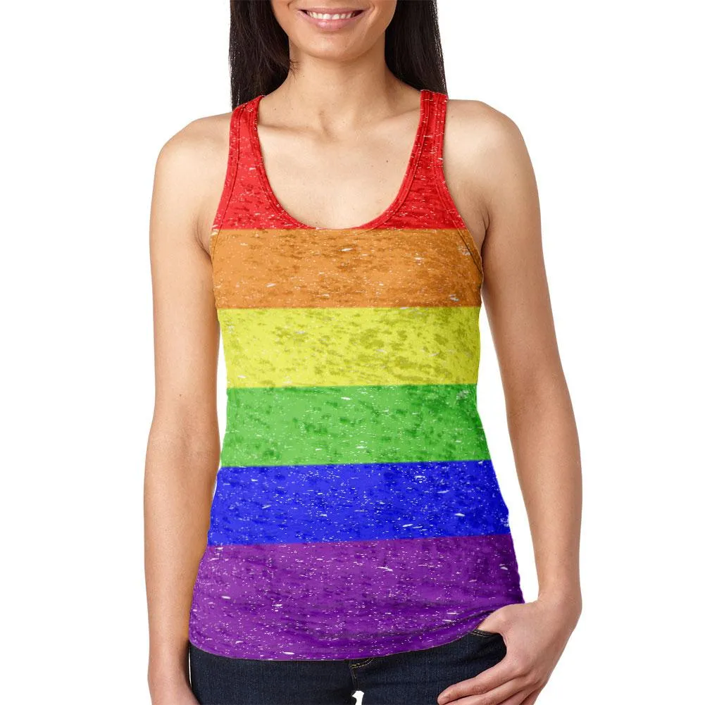 Distressed LGBT Rainbow Gay Pride Flag Juniors Burnout Racerback Tank Top sold by Old Glory