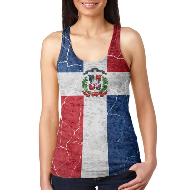 Distressed Dominican Republic Flag Juniors Burnout Racerback Tank Top sold by Old Glory
