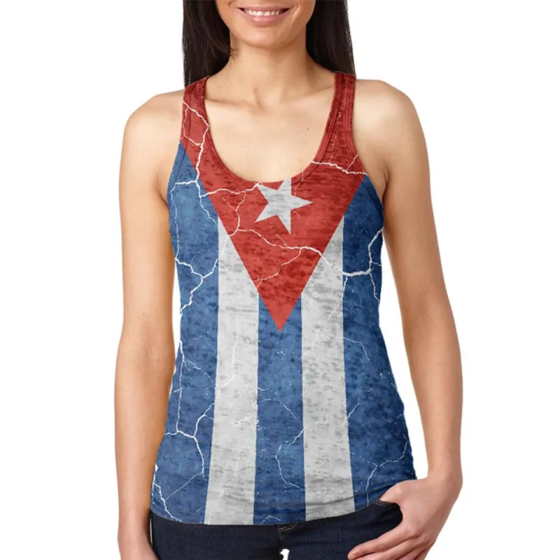 Distressed Cuban Flag Juniors Burnout Racerback Tank Top sold by Old Glory