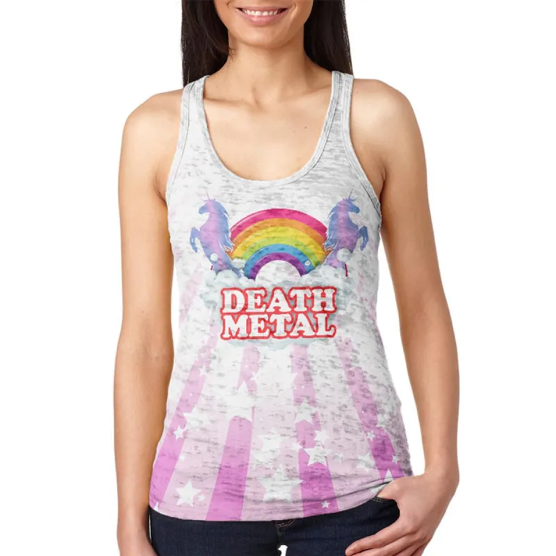 Death Metal Rainbow Unicorns Juniors Burnout Racerback Tank Top sold by Old Glory