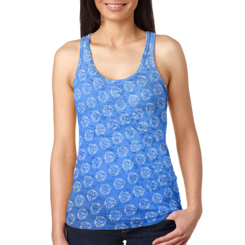D20 Gamer Critical Hit and Fumble Blue Pattern Juniors Burnout Racerback Tank Top sold by Old Glory