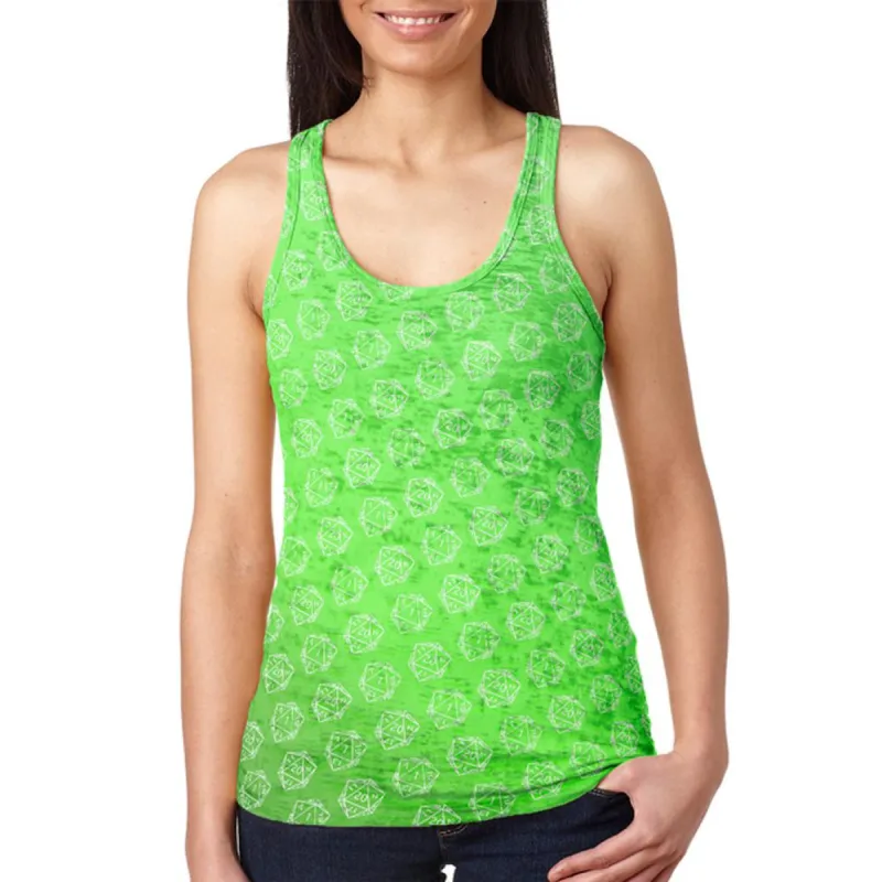 D20 Gamer Critical Hit and Fumble Green Pattern Juniors Burnout Racerback Tank Top sold by Old Glory