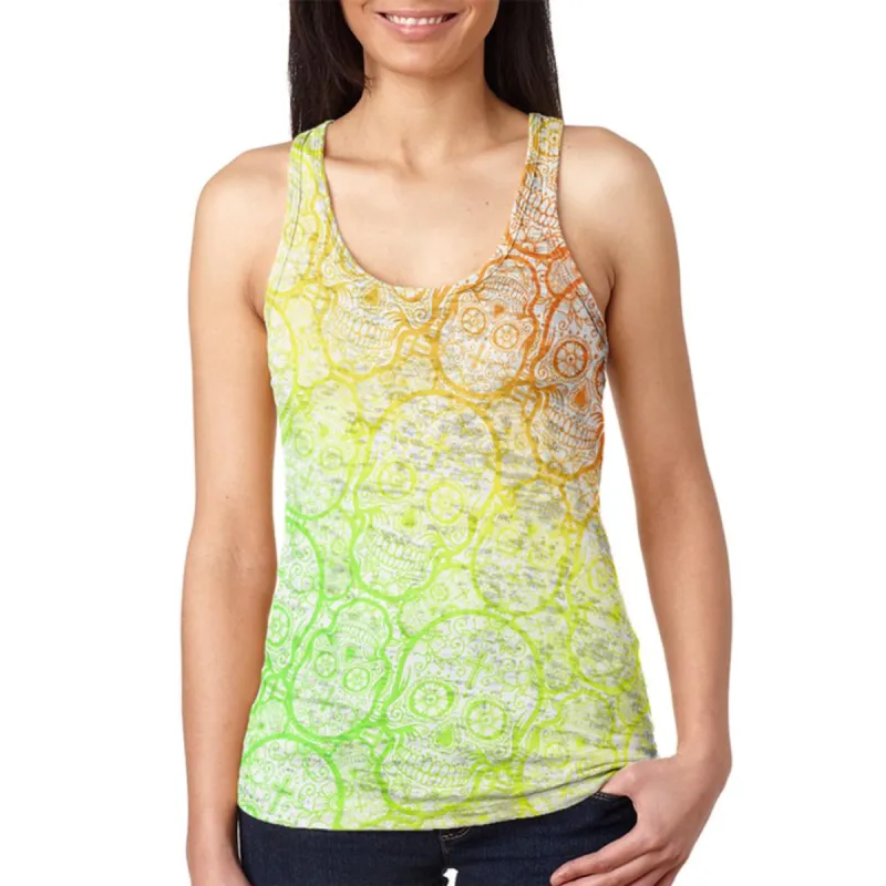 Cinco de Mayo Crazy Sugar Skull Pattern Juniors Burnout Racerback Tank Top sold by Old Glory
