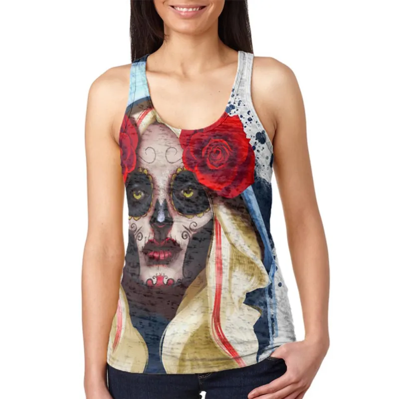 Candy Skull Girl Deadly Kiss Juniors Burnout Racerback Tank Top sold by Old Glory