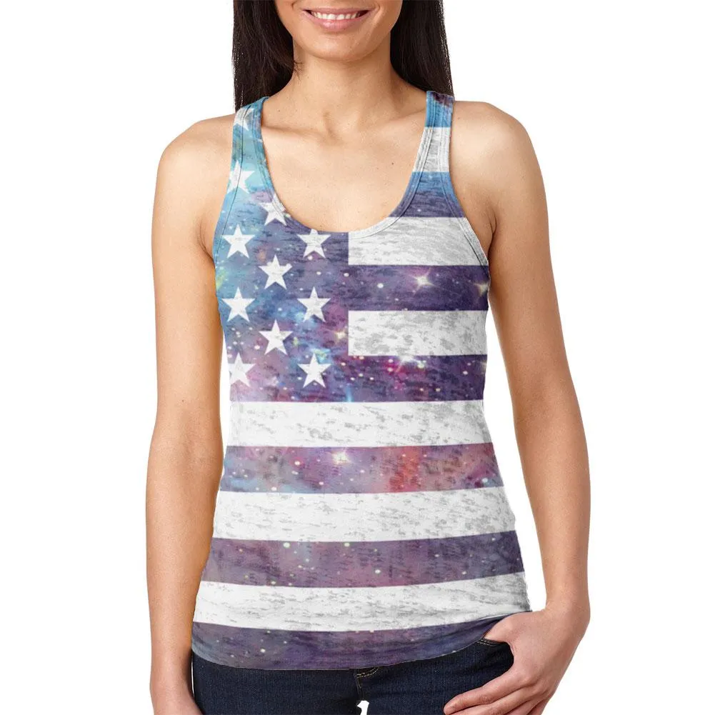 4th of July Galaxy American Flag USA Juniors Burnout Racerback Tank Top sold by Old Glory