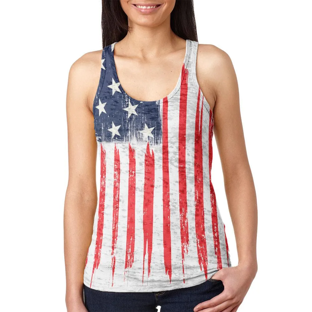 4th of July Distressed Brushed American Flag Juniors Burnout Racerback Tank Top sold by Old Glory