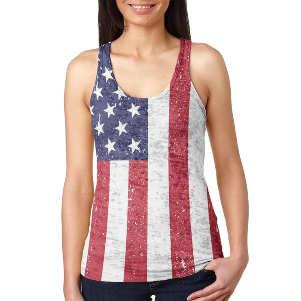 4th of July American Flag Distressed Juniors Burnout Racerback Tank Top sold by Old Glory