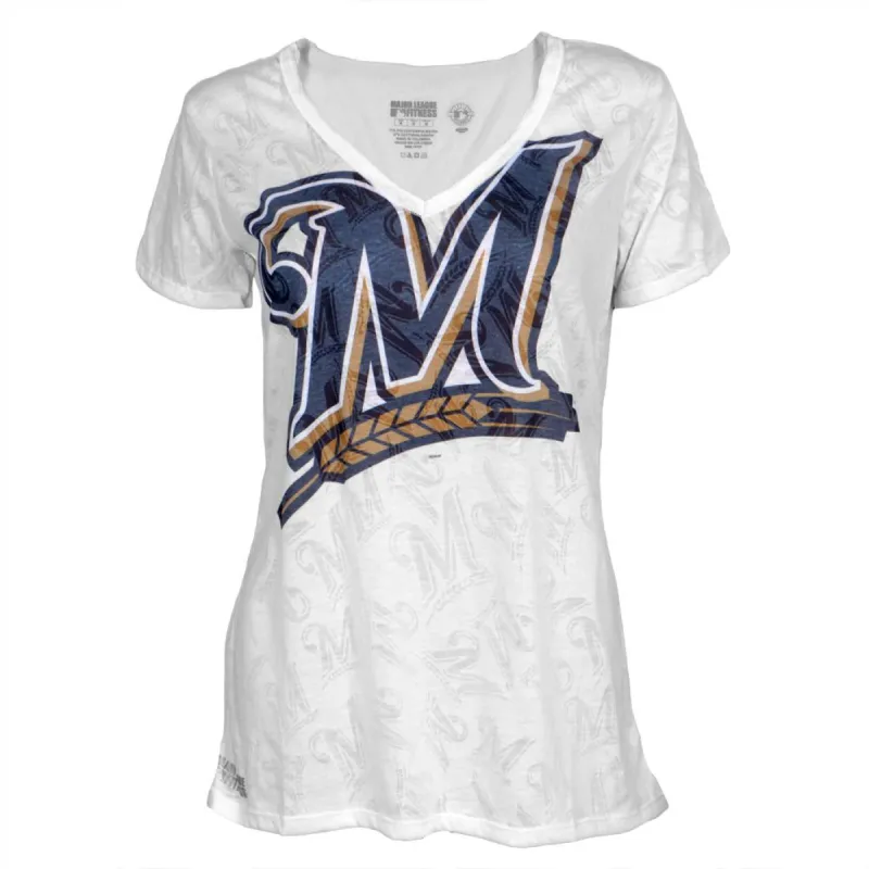 Milwaukee Brewers - Large Logo Juniors Burnout V-Neck T-Shirt sold by Old Glory