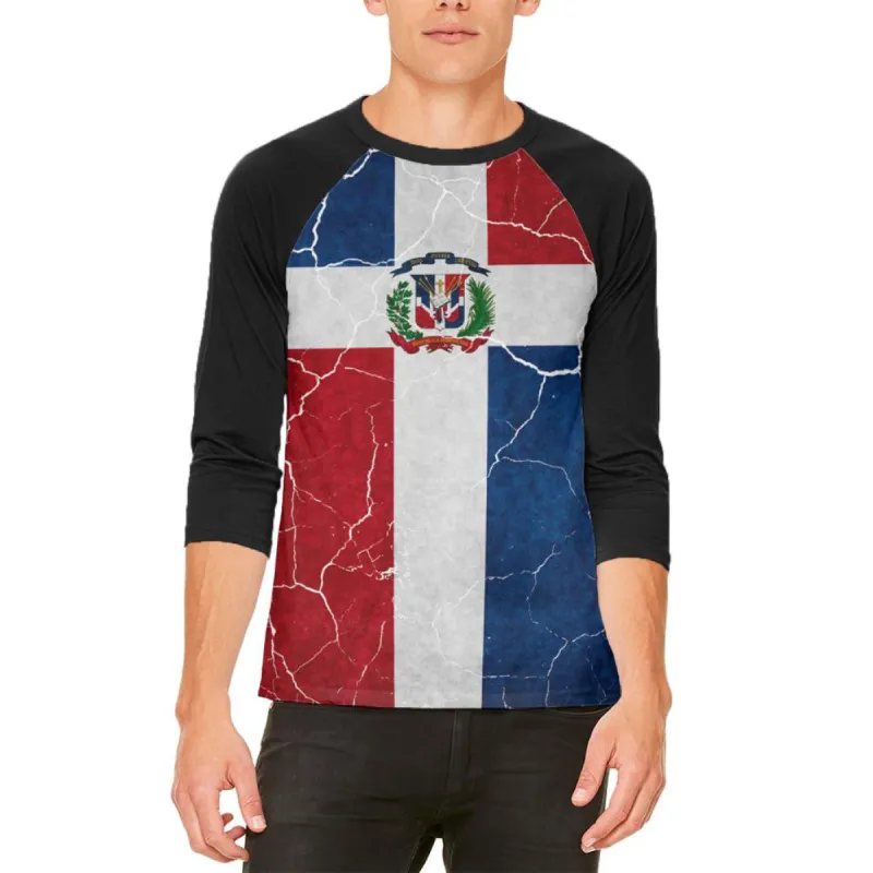 Distressed Dominican Republic Flag Mens Raglan T Shirt sold by Old Glory