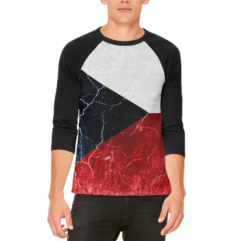 Czech Republic Flag Distressed Grunge Mens Raglan T Shirt sold by Old Glory