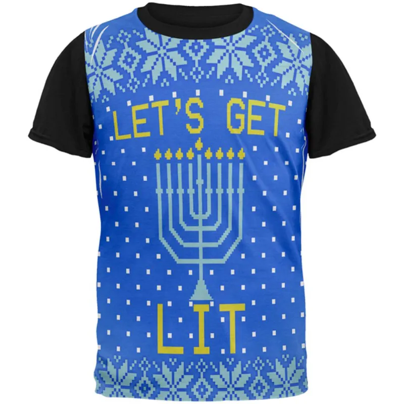 Ugly Christmas Sweater Let's Get Lit Menorah Hanukkah All Over Mens Black Back T Shirt sold by Old Glory