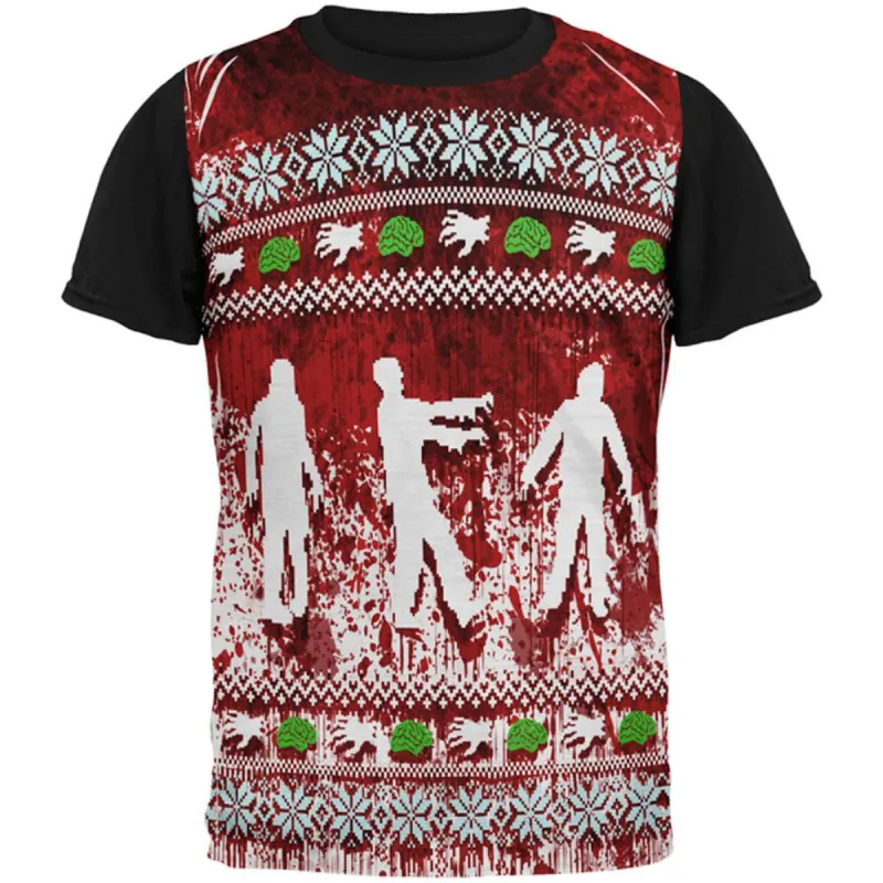Ugly Christmas Sweater Bloody Zombie Attack Survivor All Over Mens Black Back T Shirt sold by Old Glory