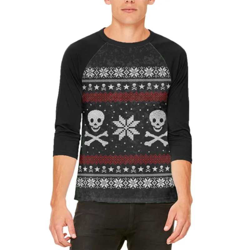 Ugly Christmas Sweater Pirate Skull and Crossbones Mens Raglan T Shirt sold by Old Glory