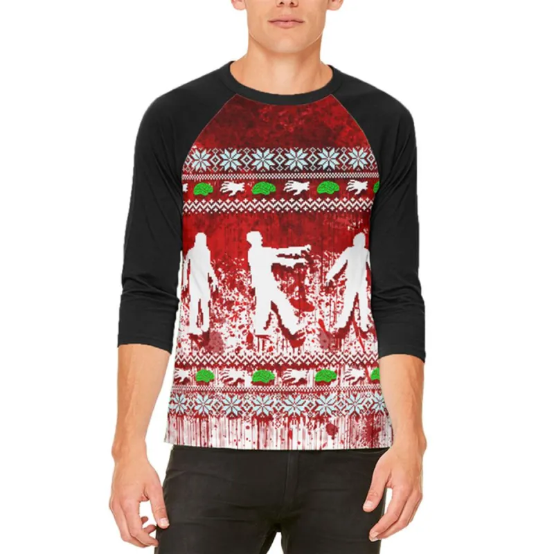 Ugly Christmas Sweater Bloody Zombie Attack Survivor Mens Raglan T Shirt sold by Old Glory