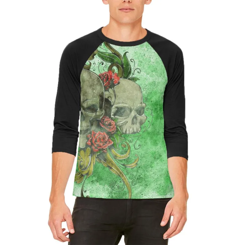 St. Patricks Day Deadly Wild Irish Rose Skull Tattoo Mens Raglan T Shirt sold by Old Glory