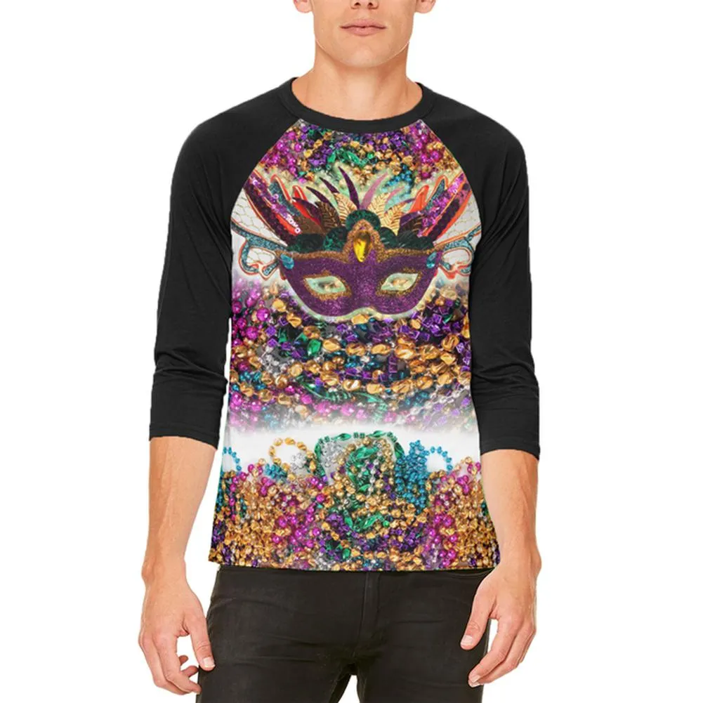 Mardi Gras Trippy Mask Beads Mens Raglan T Shirt sold by Old Glory