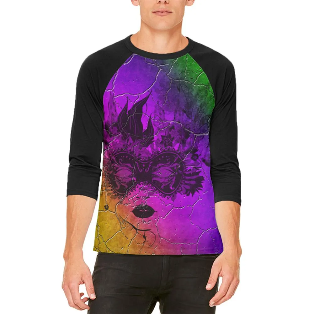 Mardi Gras Party Mask Distressed Grunge Flag Mens Raglan T Shirt sold by Old Glory