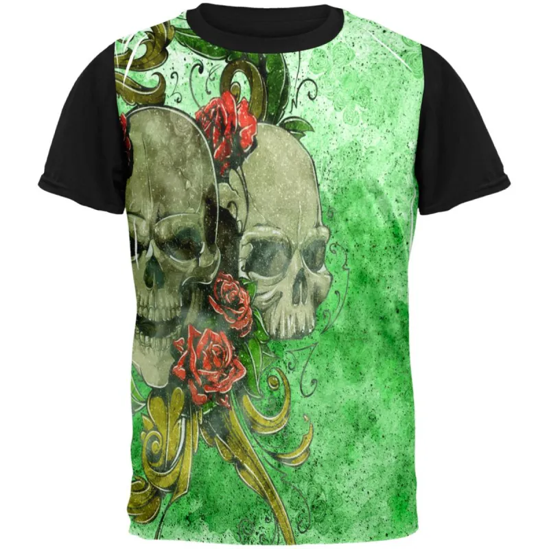St. Patricks Day Deadly Wild Irish Rose Skull Tattoo All Over Mens Black Back T Shirt sold by Old Glory