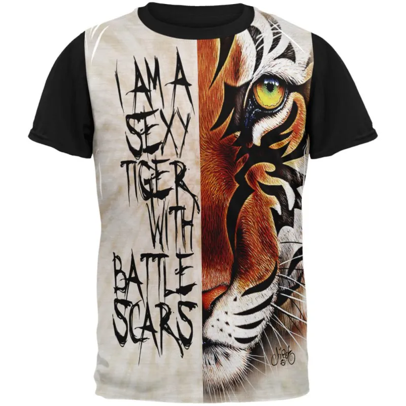Sexy Tiger with Battle Scars Adult Black Back T-Shirt sold by Old Glory