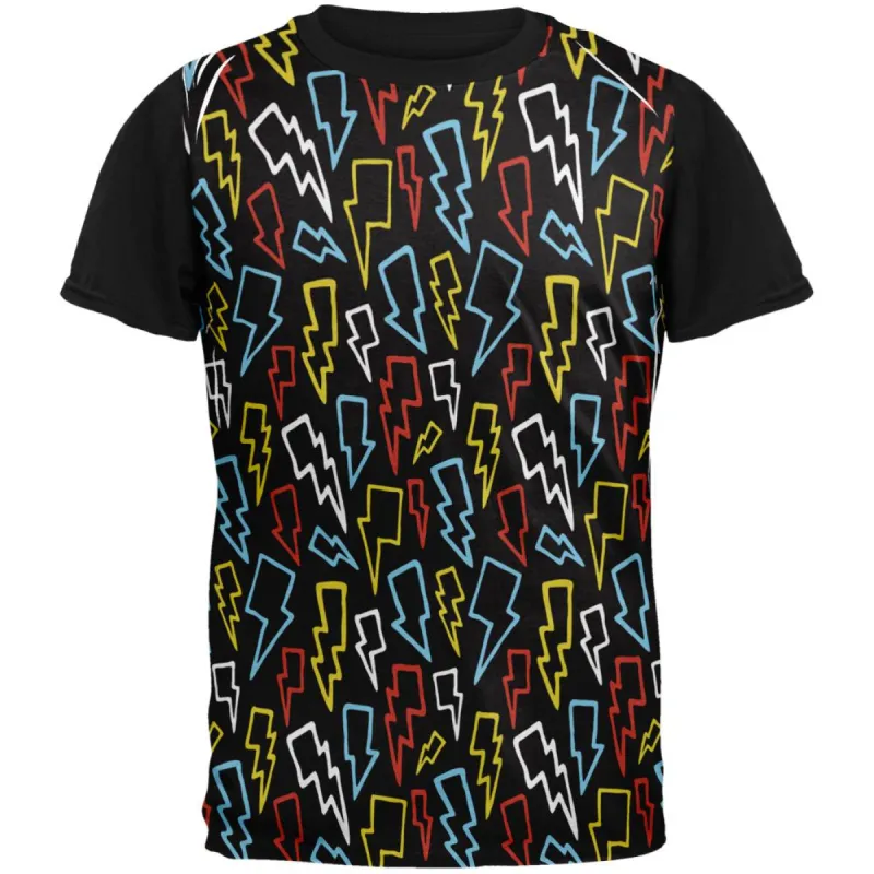 Rainbow Cartoon Lightning Bolts Adult Black Back T-Shirt sold by Old Glory