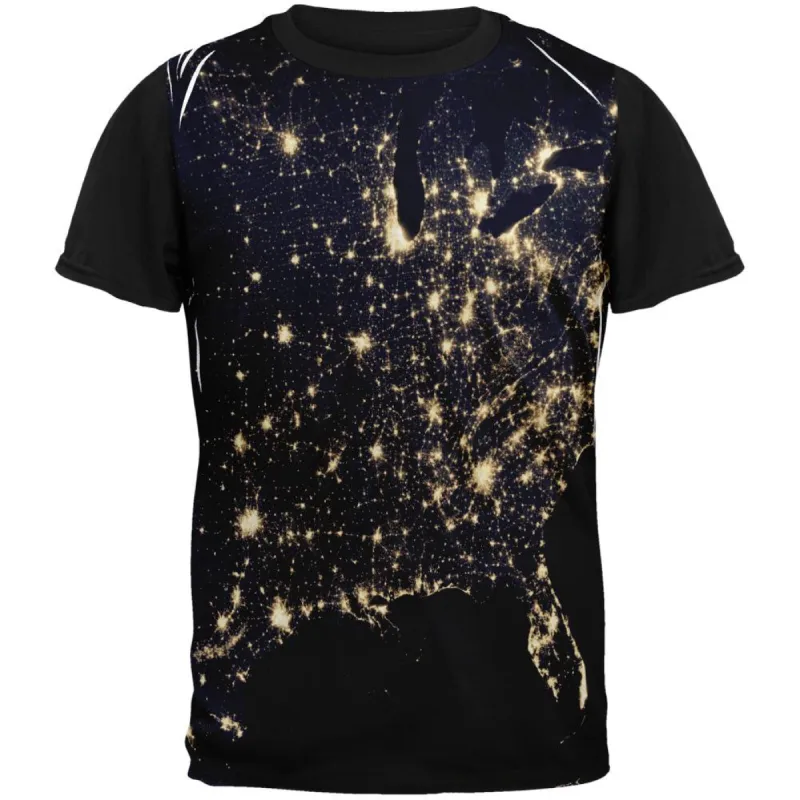 Outer Space Earth At Night Adult Black Back T-Shirt sold by Old Glory