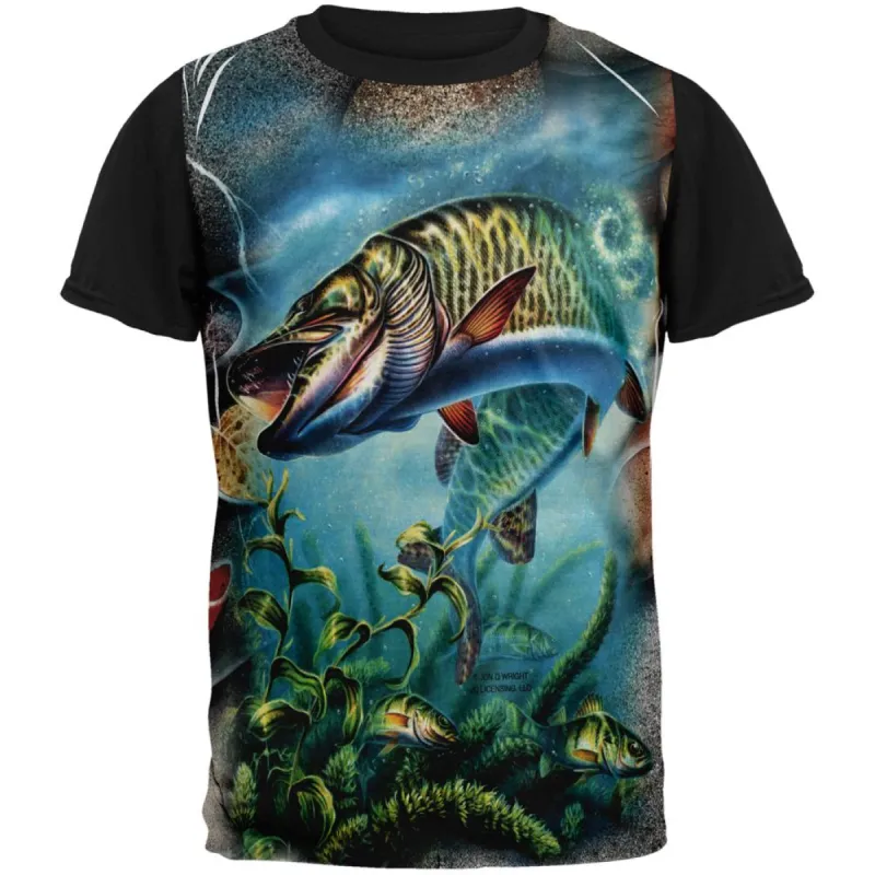 Muskie Fishing All Over Mens Black Back T Shirt sold by Old Glory