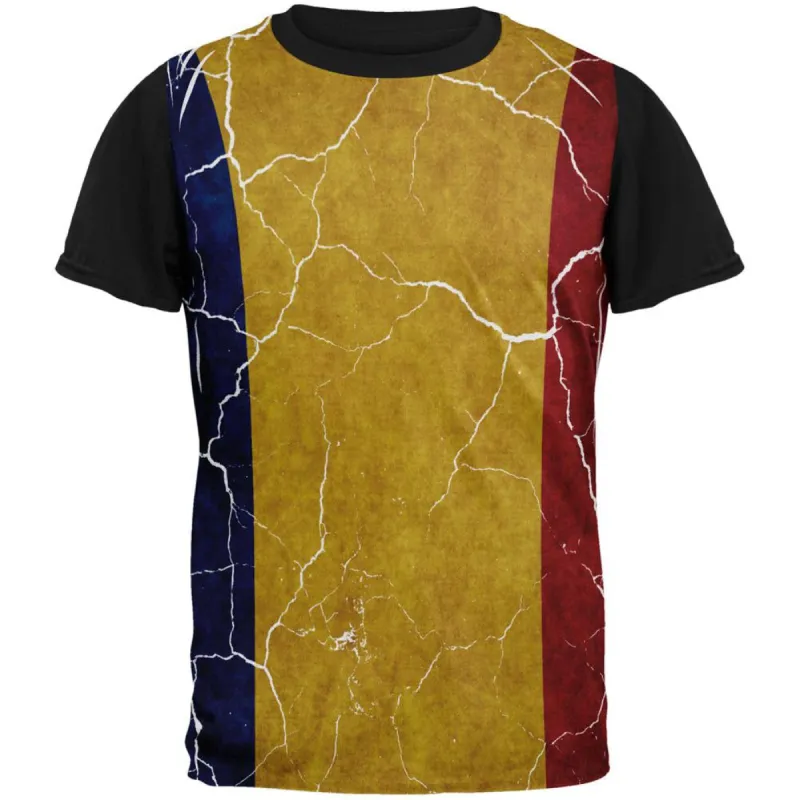 Distressed Romanian Flag All Over Mens Black Back T Shirt sold by Old Glory