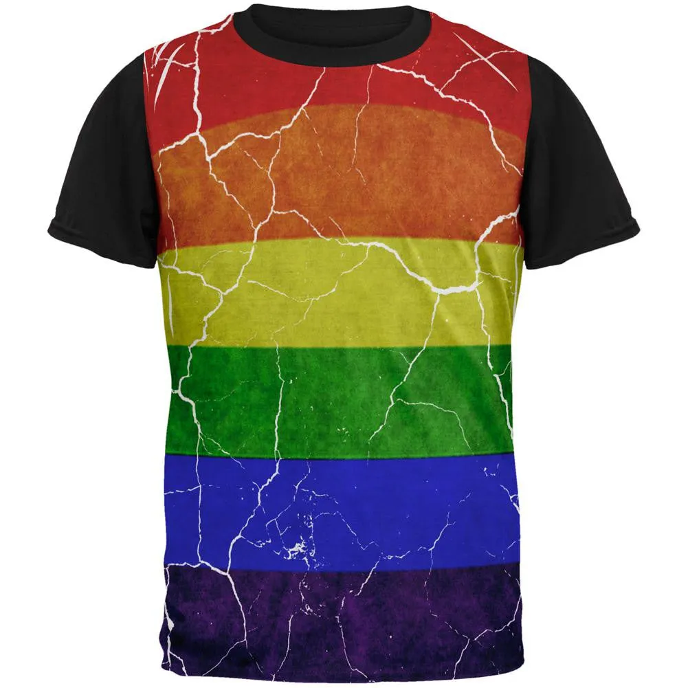Distressed Gay Pride Flag All Over Mens Black Back T Shirt sold by Old Glory