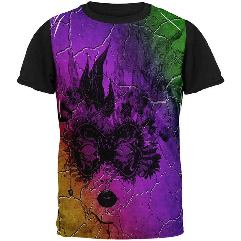 Mardi Gras Party Mask Distressed Grunge Flag All Over Mens Black Back T Shirt sold by Old Glory